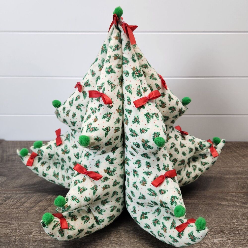 Vintage 3D Stuffed Fabric Christmas Tree 14" Hand Crafted Holly Pine Cones